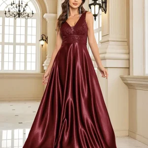 Robe de Soirée Longue en Satin et Bustier Sequins Bordeaux